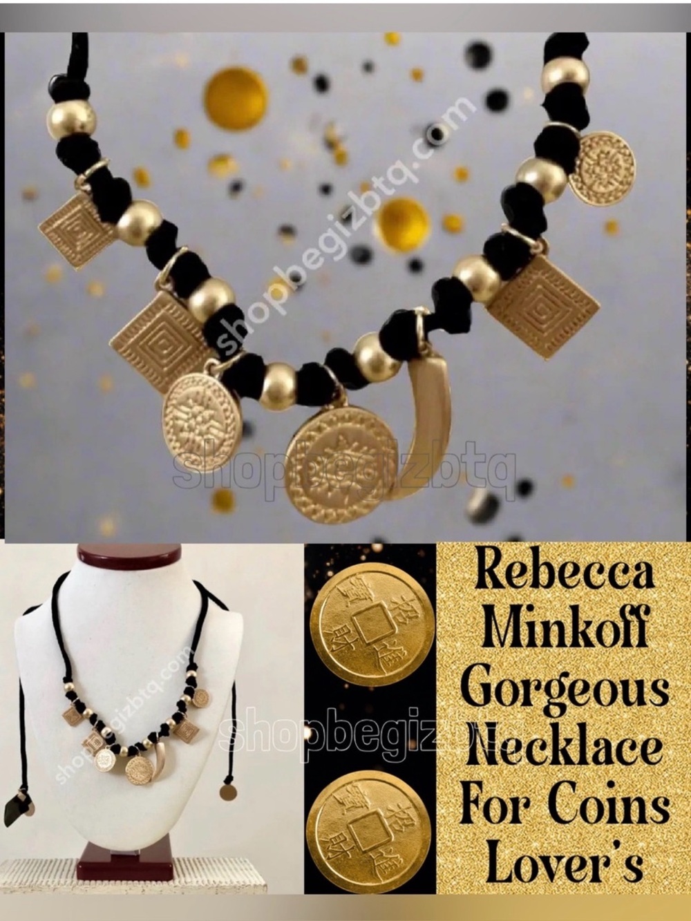 Rebecca Minkoff® Black Cord Necklace With Etched Gold Coin Charms